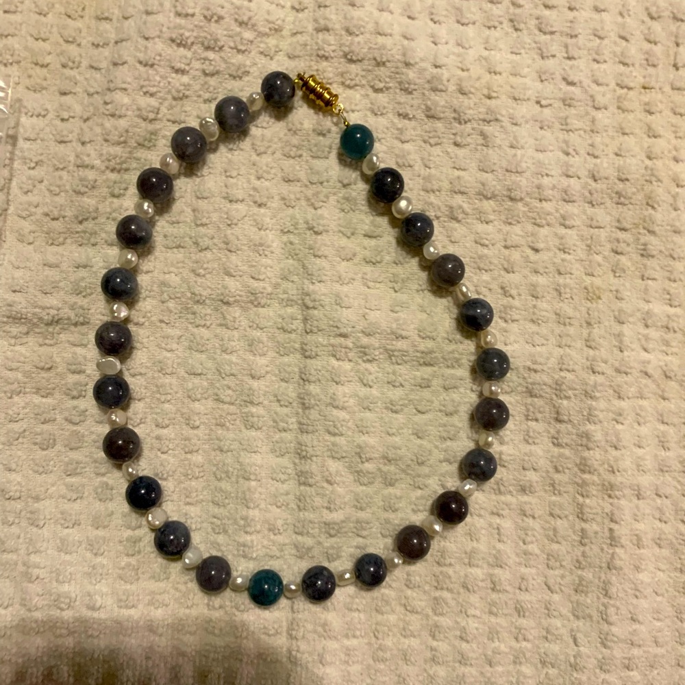 Blue Stone and White Pearl Necklace